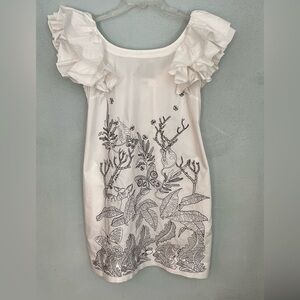 Paola Frani White Embroidered Ruffle Shoulder Sheath Dress Size Small Coquette